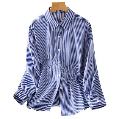 Chemise Asymétrique Plissée à Rayures Bleues pour Femmes Manches Longues Design d'Automne Haut de Niche Pur Coton Chemise Blanche