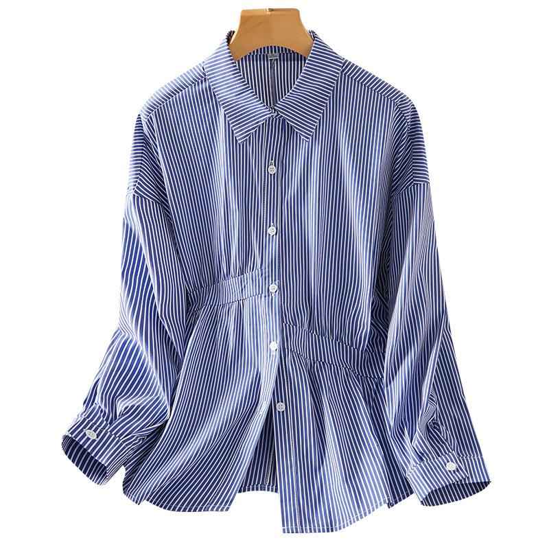 

Asymmetric Pleated Blue Striped Shirt for Women Long Sleeve Autumn Design Niche Top Pure Cotton White Shirt XXL