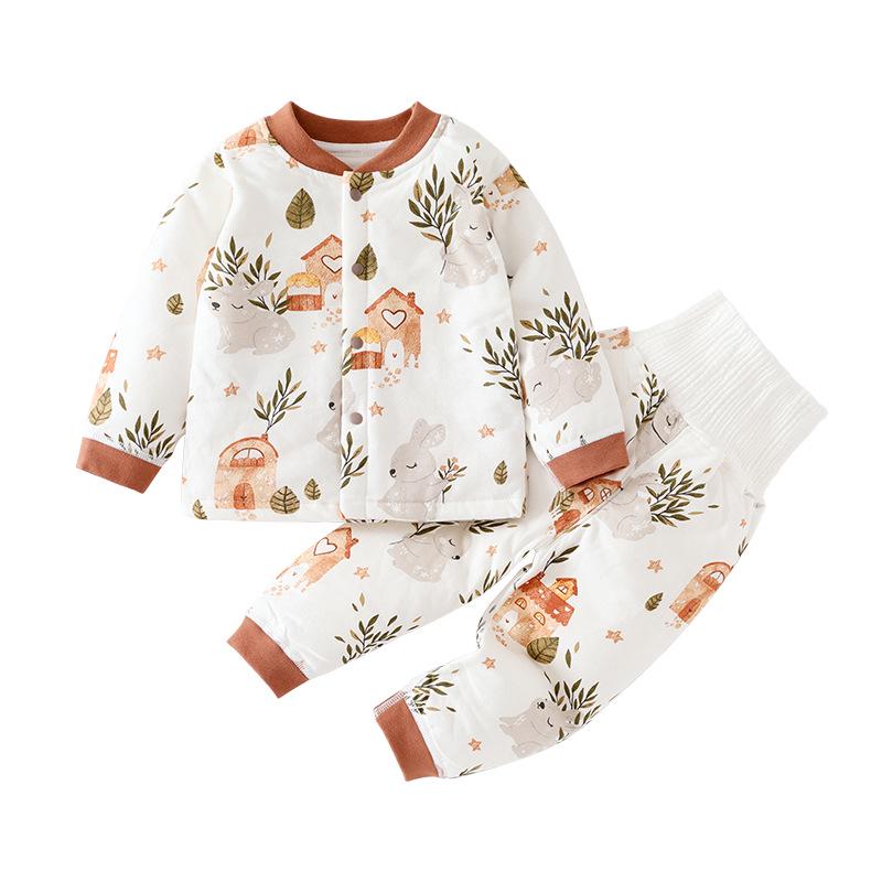 40g Baby Junge Baumwoll-Pyjama-Set mit hohem Bund – Dünne Herbst-/Winter-Warmkleidung & Bauchschützhose