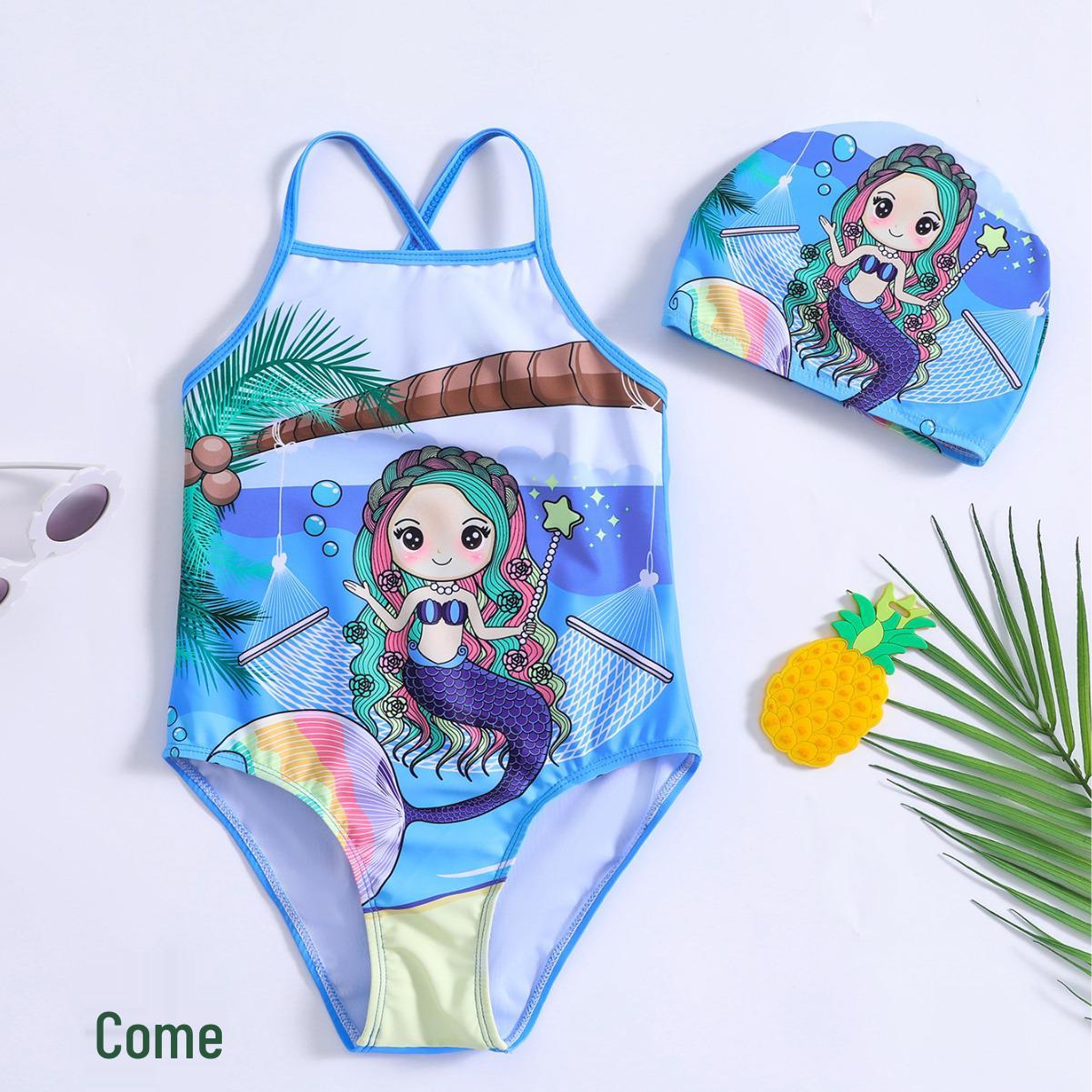 

Children s Mermaid Print Halter One-Piece Swimsuit 100 peacock синього кольору