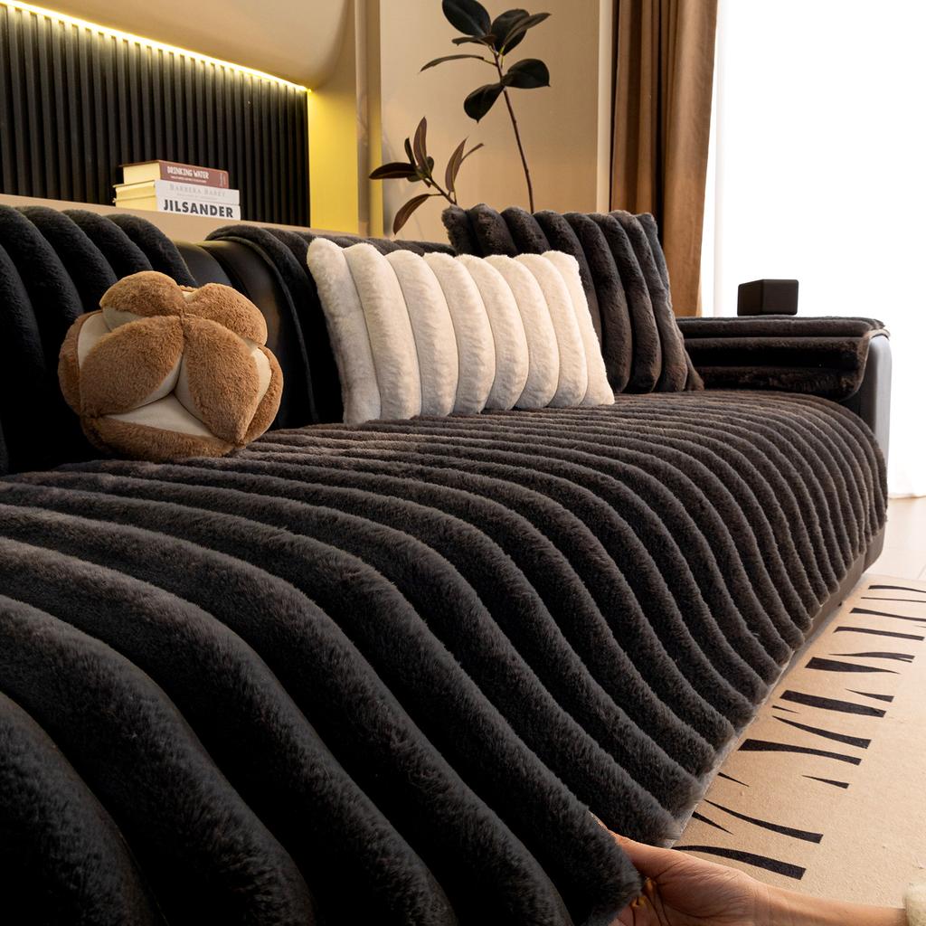 Winter Living Room Non-slip Warm Thick Striped Plush Cushion Couch Sofa Covers Slipcover Funda Sofa Mat