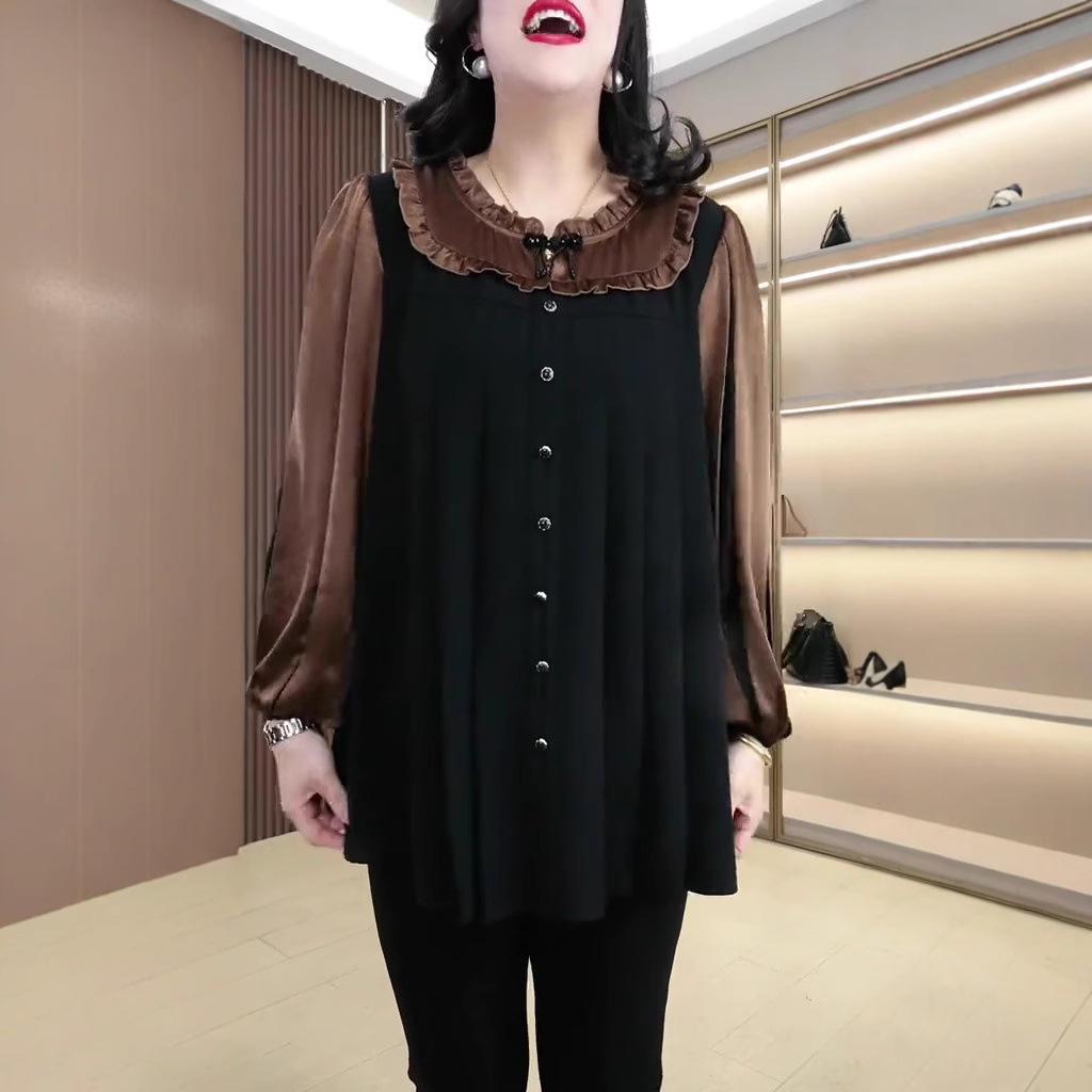Spring Luxury Silk-Blend Frog Button Long Sleeve Plus Size Blouse for Mid-Aged Women