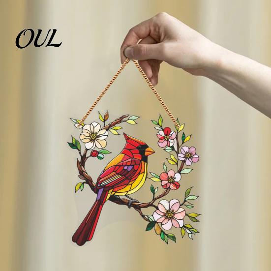 Bird Lover Ornament 1/2Pcs Acrylic Red Hanging Decoration, Standing on Flower Wall Branch Ornament, Indoor Outdoor Window Decor Decorative Pendant