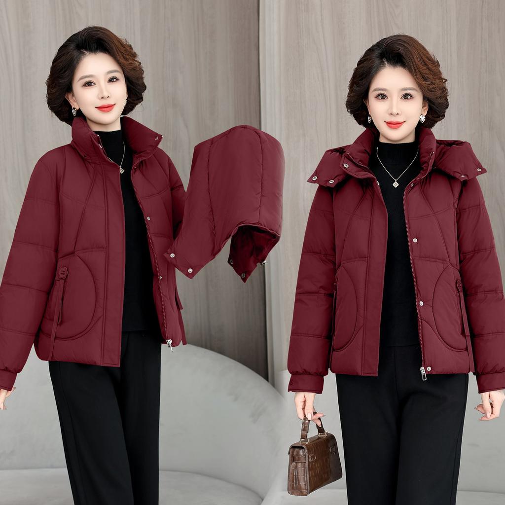 Women's Short Hooded Winter Middle-aged Loose Warm Cotton-padded Jacket with Detachable Hood