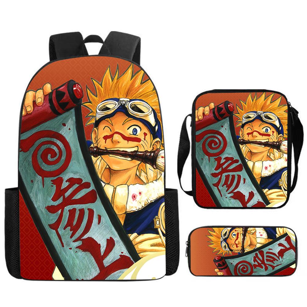 3Pcs Set NARUTO Anime Kids Backpack Mochila with Crossbody Bag & Pencil Case, Lightweight & Durable, for Ages 6-10 Boys & Girls