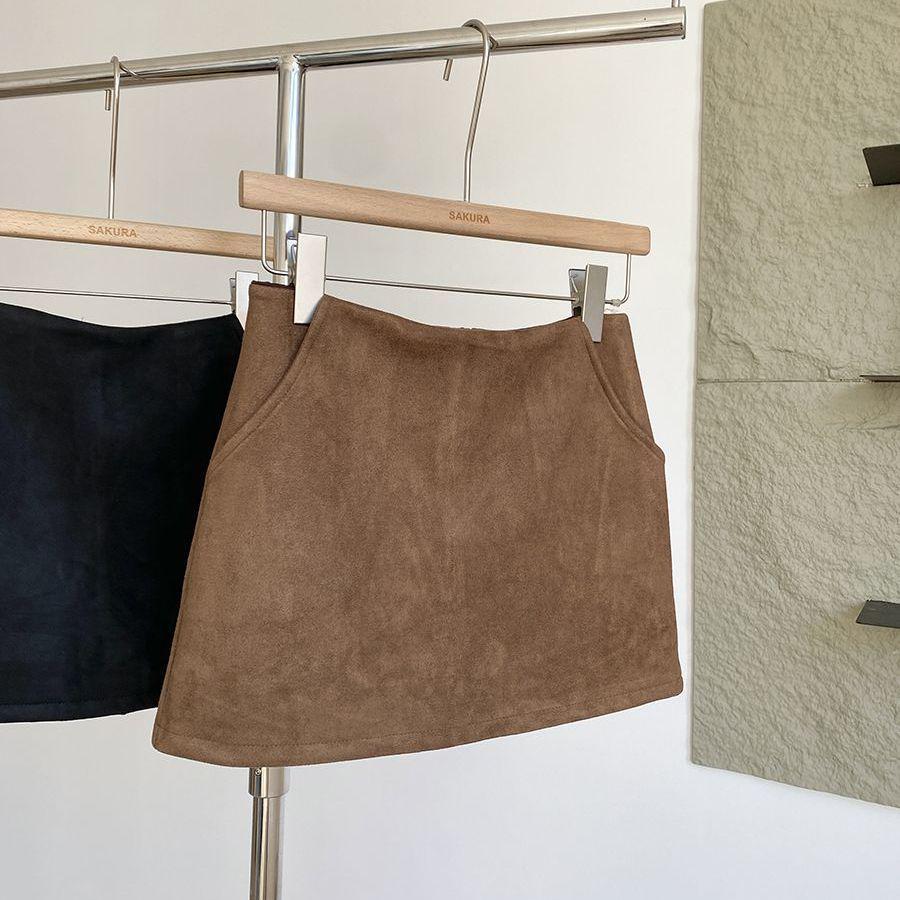 Retro Suede High-Waisted A-Line Mini Skirt Pants - 2025 Autumn/Winter Korean Style Large кофейный