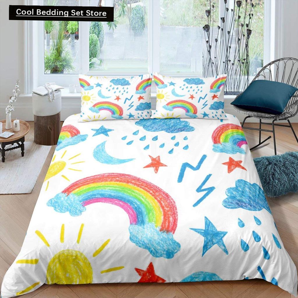 Cartoon Regenbogen König Königin Bettbezug Kinder Mädchen Bunte Wolken Bettwäsche Set Liebesherz Bettdeckenbezug Polyester Steppdeckenbezug