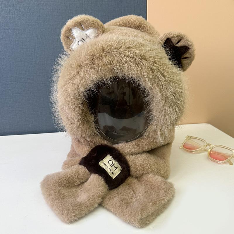 Embroidered bear hat scarf integrated schoolgirl cute warm winter plush scarf cover ear protection