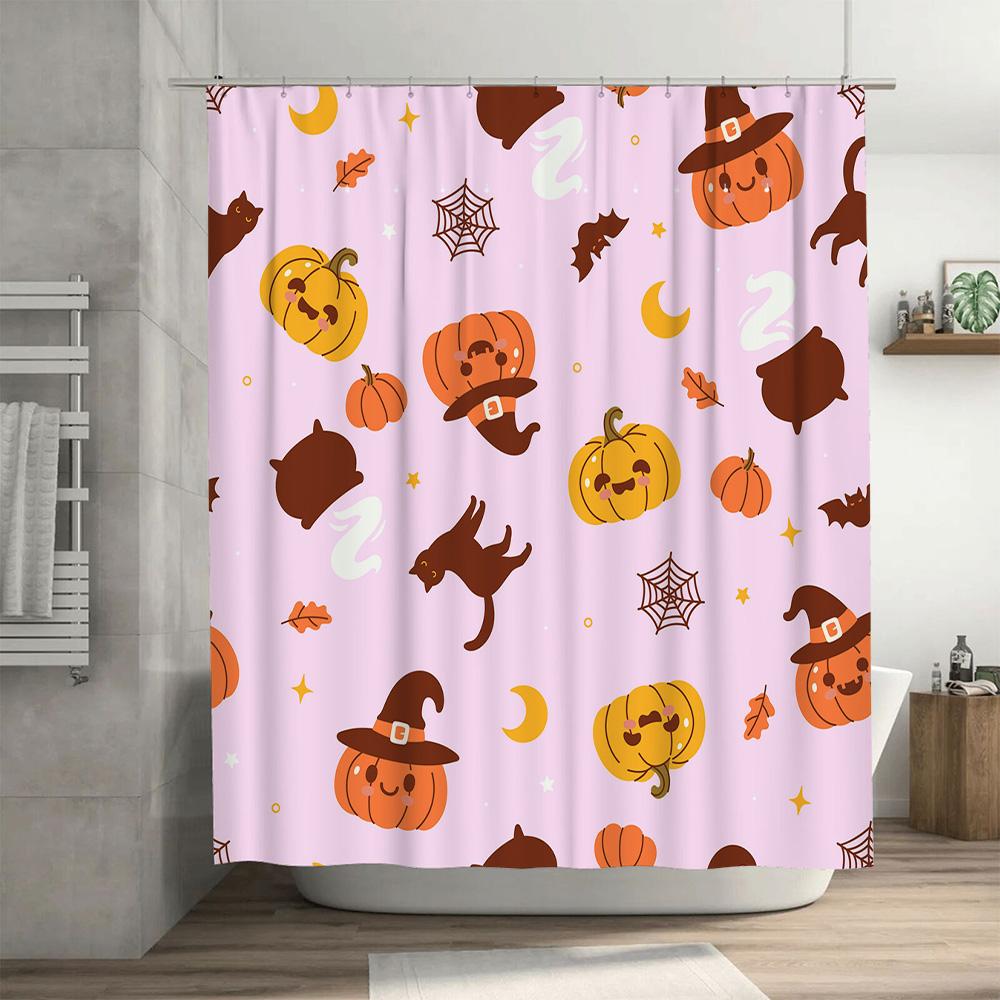 Charming Halloween-themed Shower Curtain Set with Pumpkin Witch Hat Patterns for Bathroom Decorations Pink Background, Size 180c
