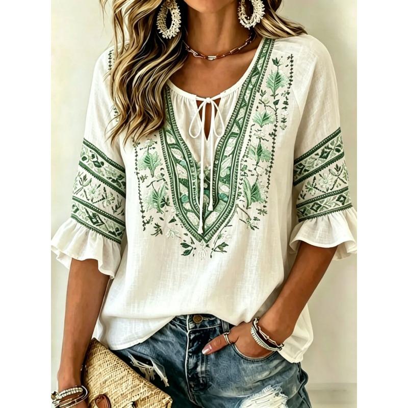 Damen Weiße Geblümte & Paisley Print Krawattenhals Bluse, Lässige Lockere Tops für Frühling Sommer Tägliches Tragen & Urlaubsanlässe