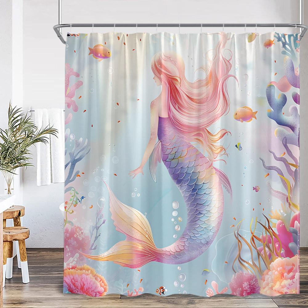 Pink Mermaid Shower Curtain Mermaid Tail Bathtub Curtain For Girls Kids Bathroom Under The Sea Ocean Theme Bath Decor With Hooks