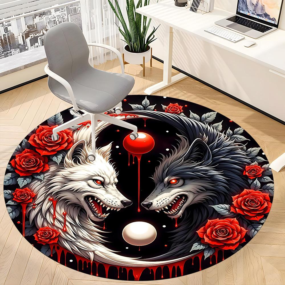 1PC Wolf Yin Yang Roses Design Office Round Rug, Non slip, Soft and Durable Office Rug for Interior Decoration, Perfect for Office