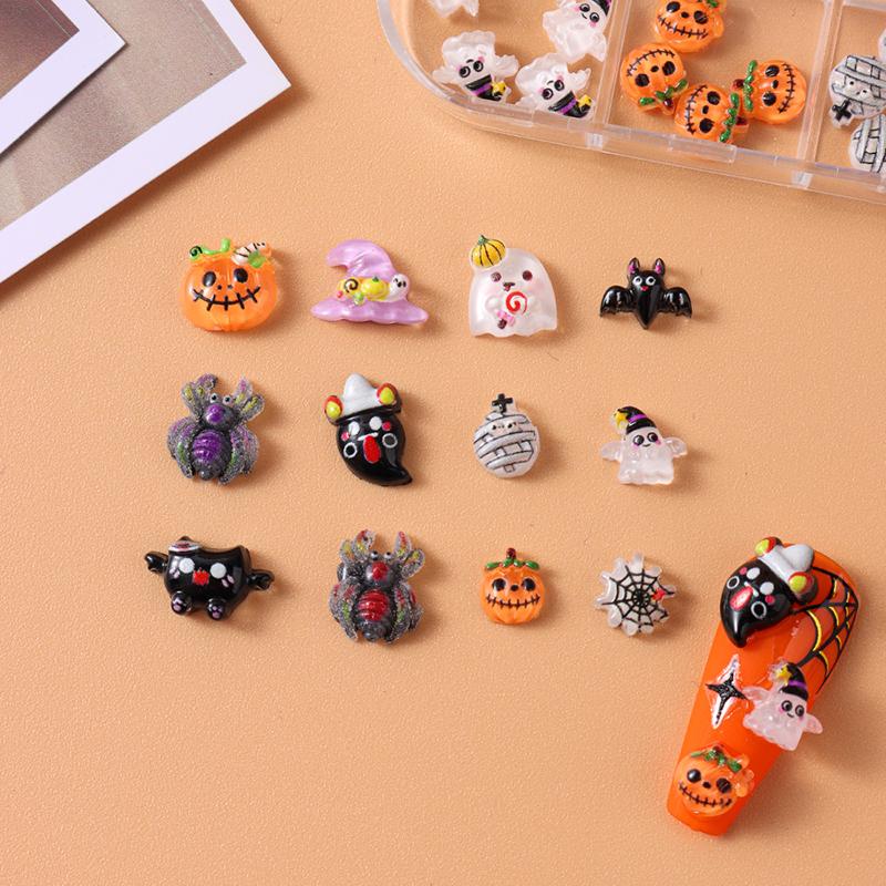12 Grids Cute Spooky Ghost Pumpkin Nail Art Decorations Spider Bat Halloween Gothic Design Nail Art Jewelry Manicure Accessories