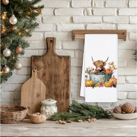 Fall Pumpkin Cow Kitchen Towels, Rustic Farm Animal Floral Pumpkin Dish Tea Towel for Kitchen Decor, Farmhouse Fall Autumn Hand Towels for Bathroom