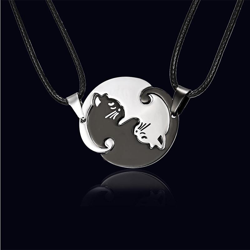 Animal Pendant Black White Cat Stitching Necklace Simple Friendship Gift Heart Shape White Cat Cute Couple Jewelry Necklace 48cm