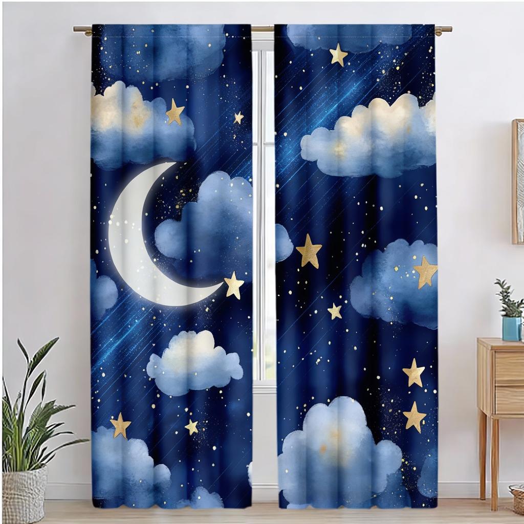 2 Pezzi Tende Oscuranti Stile Classico, Cielo Notturno Acquerello Blu Scuro con Stelle, Tende in Poliestere per Camera da Letto Bambini Bagno