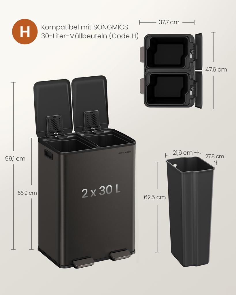 SONGMICS Kitchen Bin, 2 x 8 Gallon (2 x 30 L) Dual-Compartment Pedal Rubbish Bin with Soft-Close Lid and Inner Buckets, Steel, Includes 15 Liner Bags