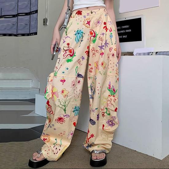 

Женские брюки-карго с высокой талией и цветочным принтом в стиле граффити, прямые широкие брюки с несколькими карманами, свободные длинные брюки, уличная одежда S жёлтый