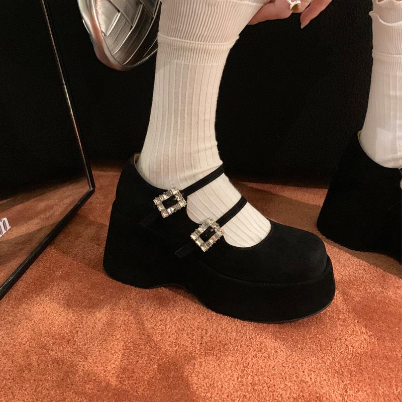 French niche simple double buckle with rhinestone Mary Jane shoes women's spring new thick-soled wedge heel round head fashion
