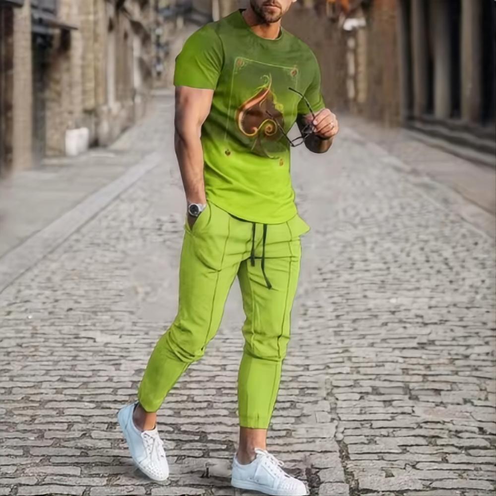 2024 Herren Sommeranzug Gradient Trend Kurzarm T-Shirt Lange Hose 2-teiliger Anzug 3D-Druck Retro-Stil Rundhals Streetwear