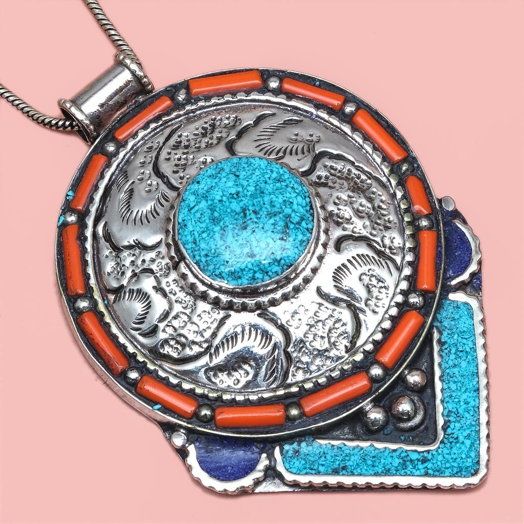 Handmade Tibetan Silver Gemstone Turquoise Red Coral Nepali Necklace Jewelry