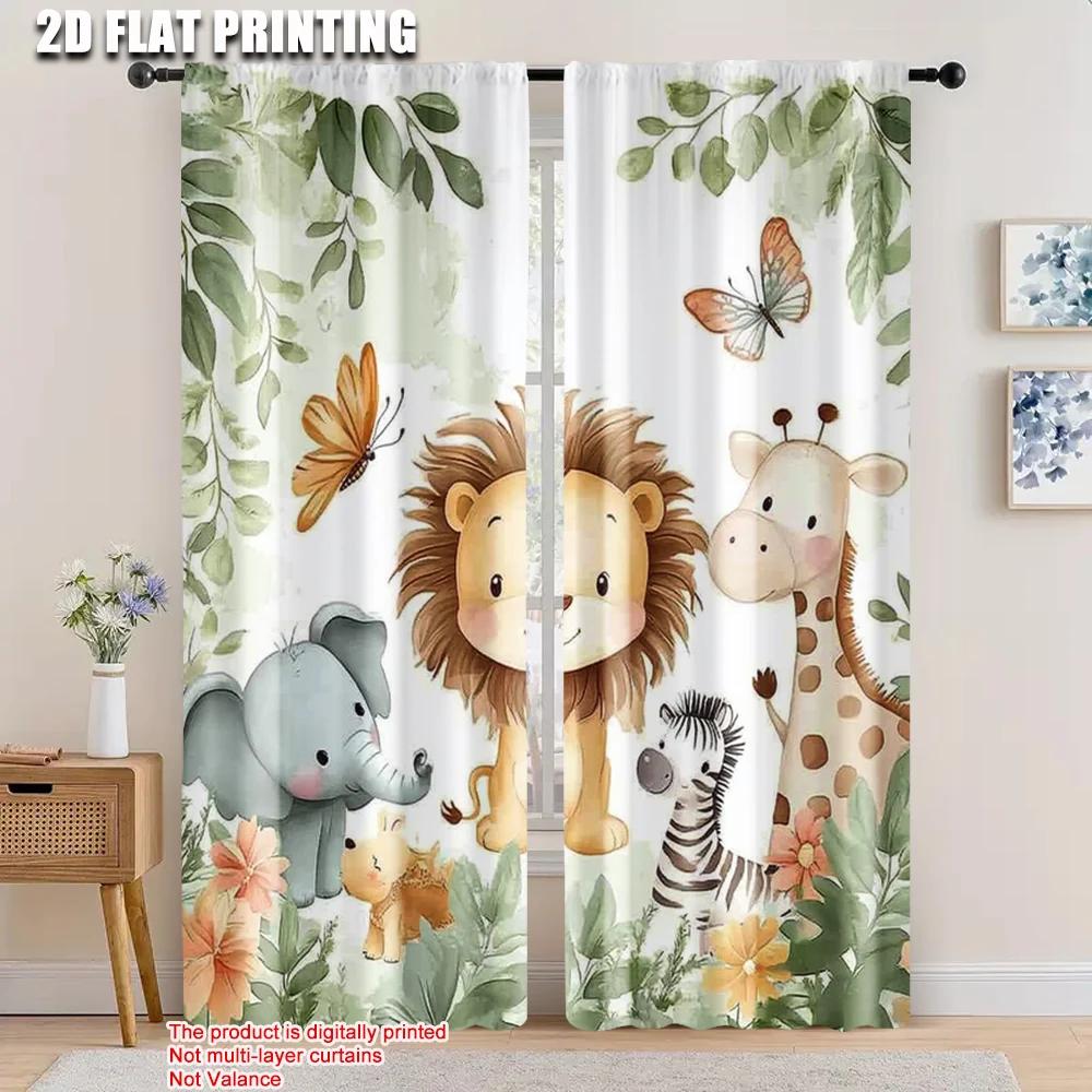 

2Pcs, Spring Summer Curtains Cute Lion Elephant Giraffe Zebra Light Filtering Sheer Curtains Versatile Fabric Room Decor Perfect 53x116cm 2pc&Without mount
