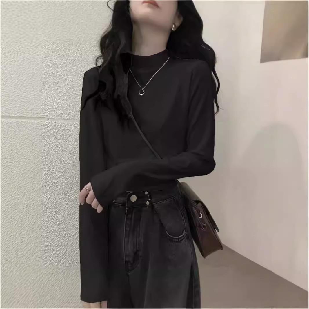 

Осенняя приталенная женская базовая рубашка с длинным рукавом и полувысоким воротником, однотонная, в корейском стиле XL чёрный
