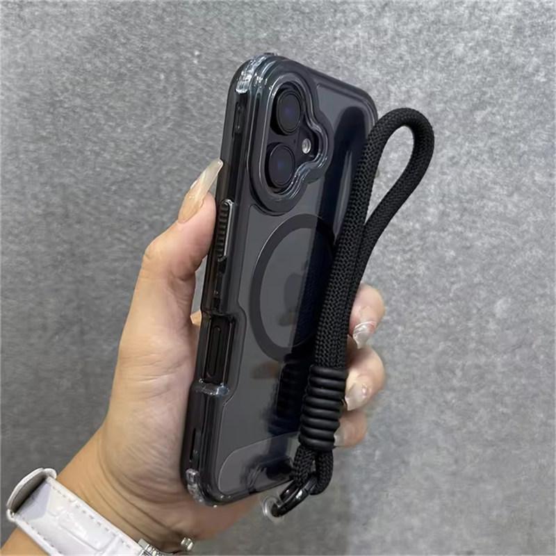 Luxury With Lanyard Clear For Magsafe Phone Case For iPhone 14 11 12 13 15 16 Pro Max Shockproof Armour Wrist Strap Back Cover