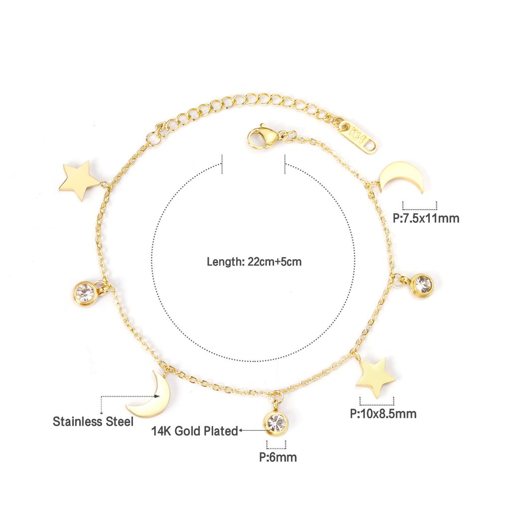 Jewelry Star Moon Pendant Bracelet Fashion Temperament Jewelry Stainless Steel 14K Gold Plated Bracelet Women