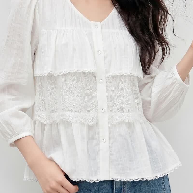 Elegant Lace Ruffle V-Neck Blouse