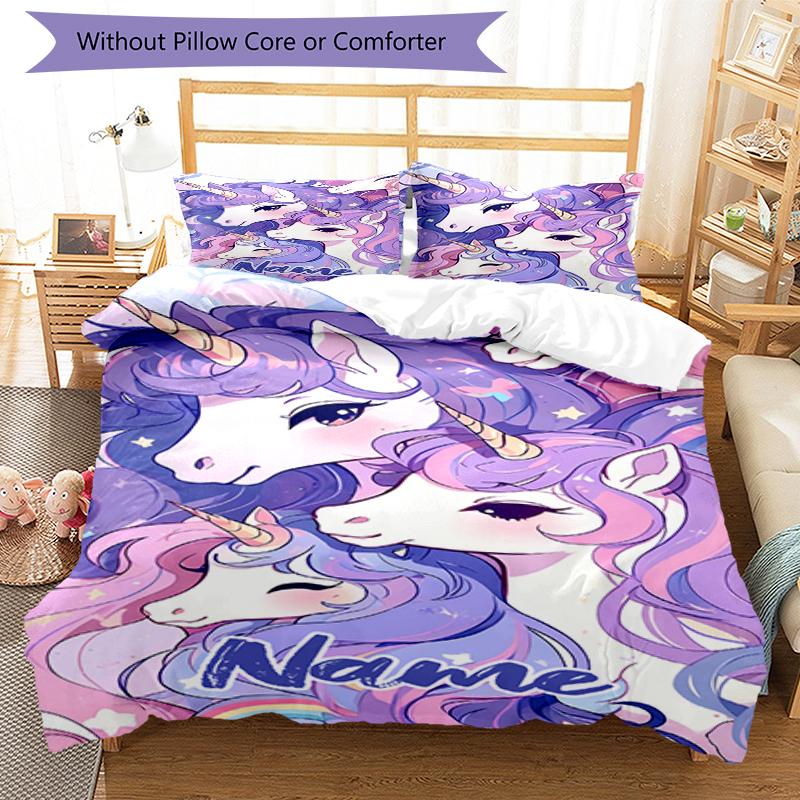 3-teiliges personalisiertes Einhorn-Bettwäscheset mit individuellem Namen, Bettbezug mit Verschluss, enthält 1 Bettbezug & 2 Kissenbezüge, weich und bequem für alle Jahreszeiten.