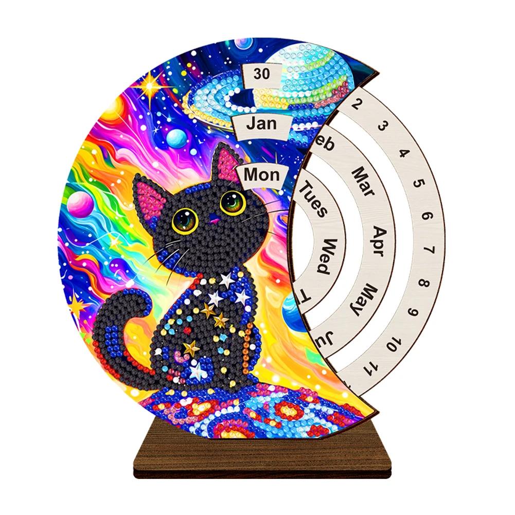 Wooden Special Shaped DIY Diamond Painting Moon Perpetual Calendar Diamond Handmade Rotating Calendar Desk Decor for Beginners