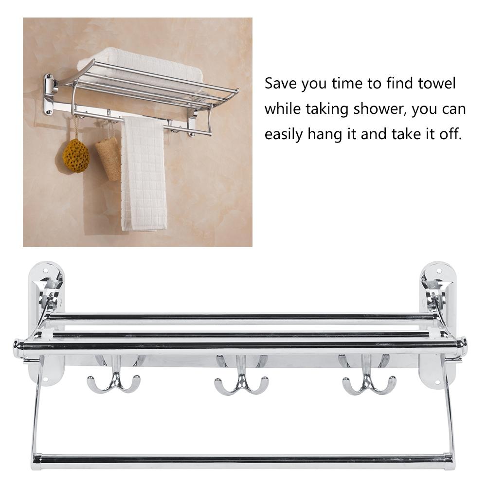 Bathroom Stainless Steel Wall Mounted Folding Towel Rack Storage Holder Shelf with 3 Hooks