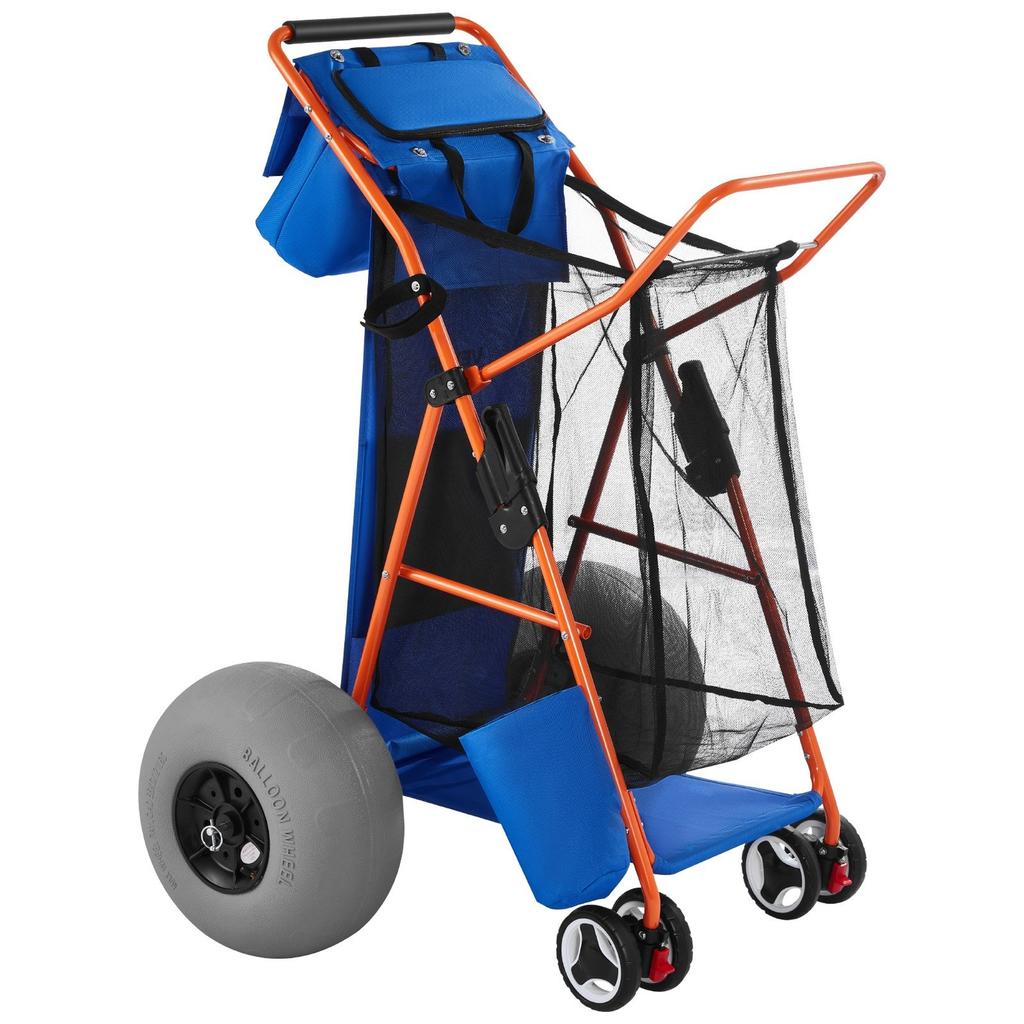 Strandkarre mit großen Rädern für Sand, 75 kg Tragfähigkeit, Robuster faltbarer Strandwagen mit 320 mm Ballonrädern, Isolierte Kühltasche, Sonnenschirm