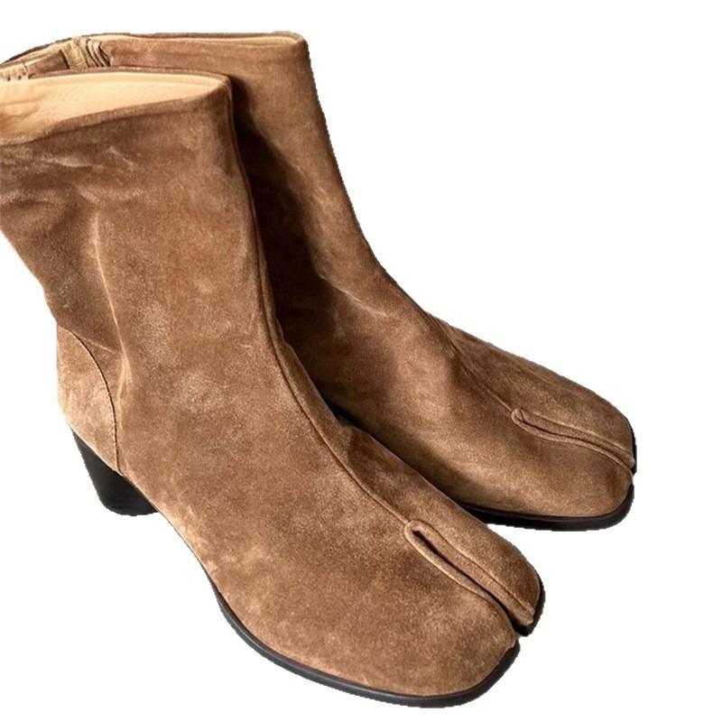Cowhide~ New Niche Pig's Trotter Split-toe Boots Thick Heel Medium Tube Martin Boots Increase Height and Thin Versatile Thick High Heel Boots Women