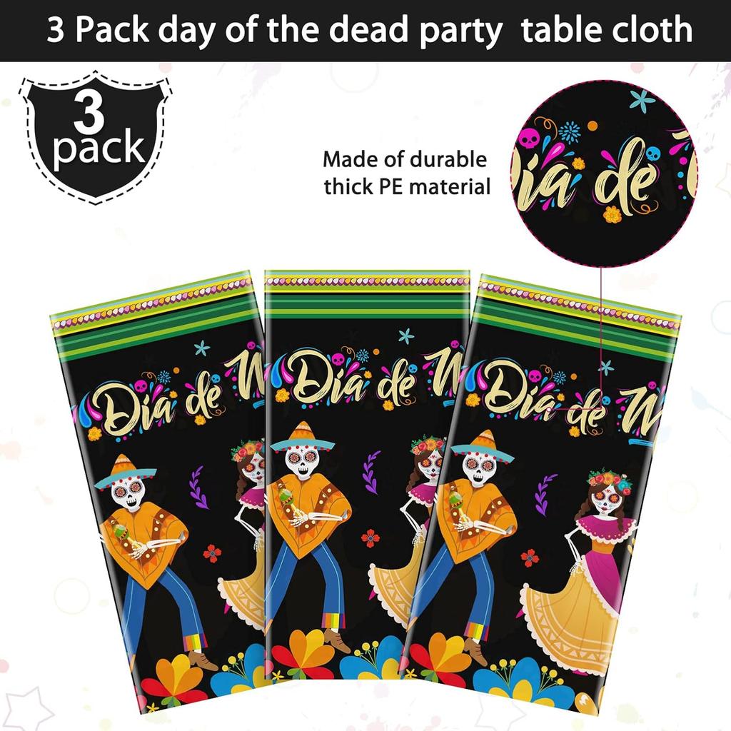 3 Pieces Day of The Dead Tablecloth Dia De Los Muertos Table Cover Halloween Sugar Skull Floral Table Cover Mexican Fiesta Plastic Tablecloth for