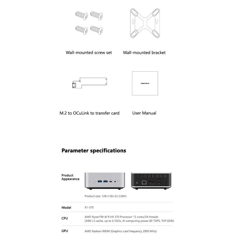 MINISFORUM AI X1 370  Mini PC AMD Ryzen AI 9 HX 370 96GB DDR5 2TB WiFi 7 Dual 2.5G LAN Copilot AI 135W Adapter Office PC Gaming