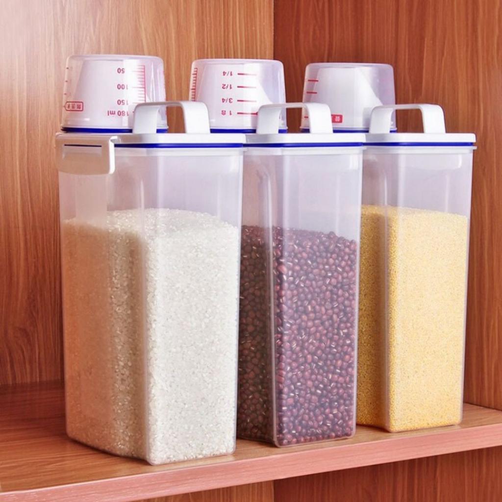 1pc Rice And Grains Food Storage Canister With Measuring Cup, Kitchen Moisture-proof And Insect-proof Dust-proof