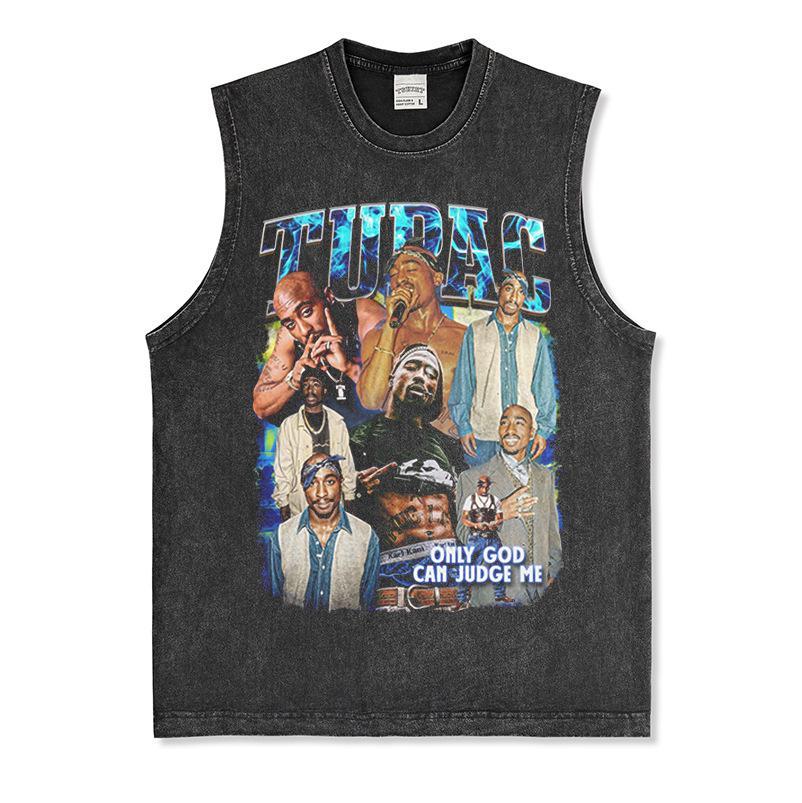 Canotta Senza Maniche Tupac Grafica Retro High Street Cotone Pesante