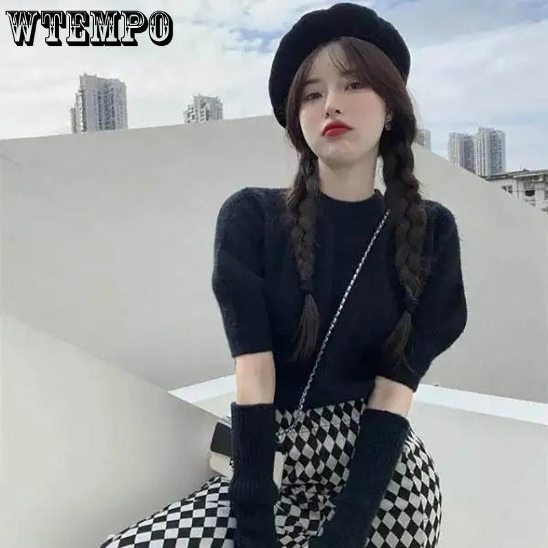 WTEMPO Female Elegant Spring Knitted Pullovers Women Casual Long Sleeve Sweaters Korean Y2K Long Sleeve Solid Casual Jumpers