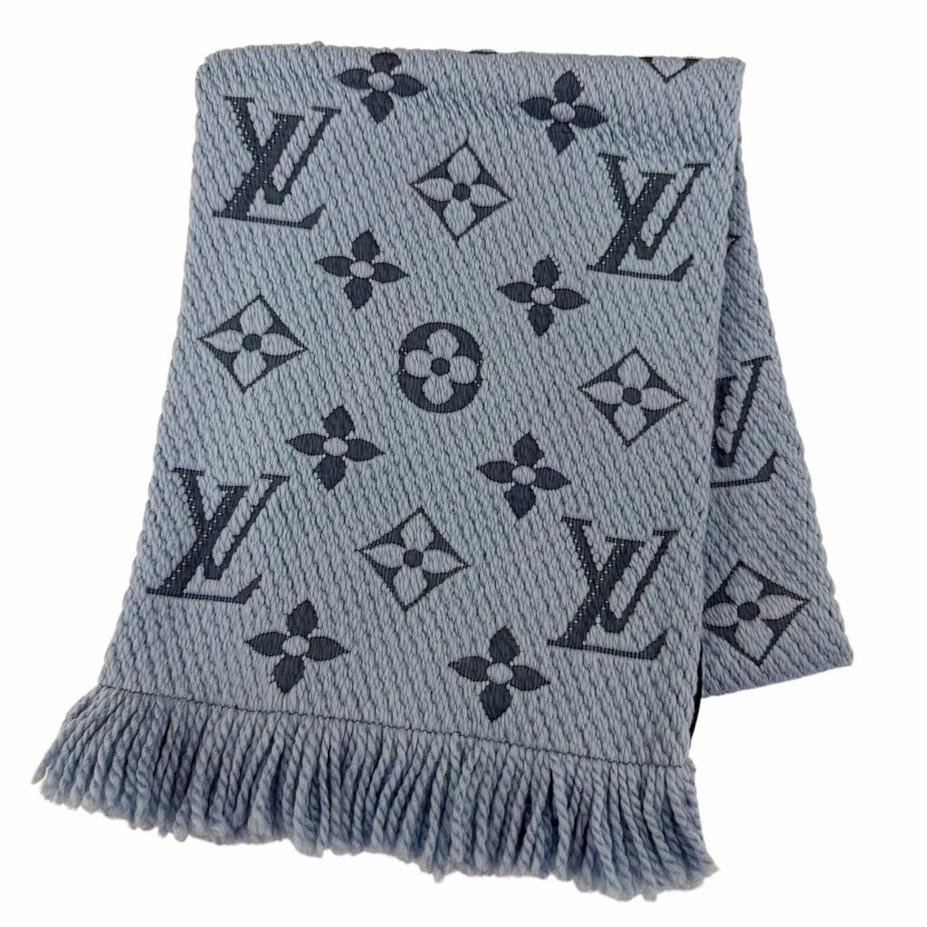 Great LOUIS VUITTON Scarf Escalp Logo Mania With fringe blue wool Women M75702 Used