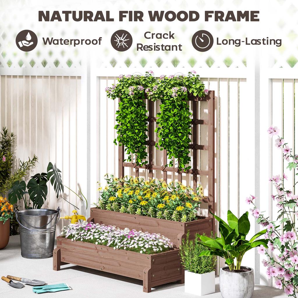 2-Tier Raised Garden Bed with Trellis, Wooden Elevated Planter Box with Drainage Holes, Outdoor Raised Planter for Climbing Plants, Fruits
