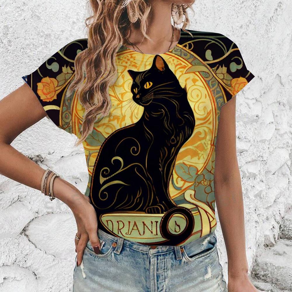 Summer Cats Pattern Print T-Shirt Fashion Popular Oversized T-Shirt Women's Short Sleeved T-Shirt 2024 Elegant Women's T-Shirt