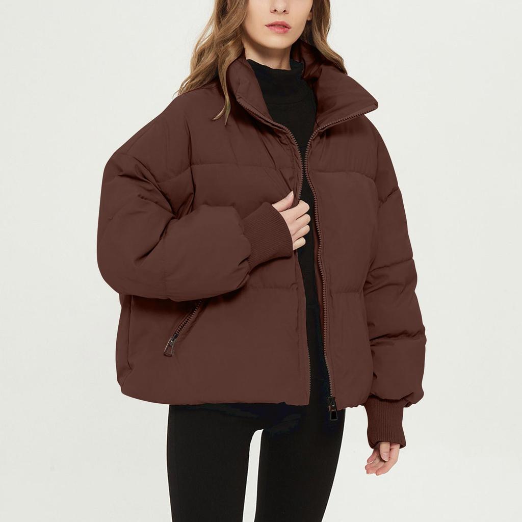 Women's Fashion Leisure Solid Color Long Sleeve Loose Stand Collar Zipper Coat Cotton Top