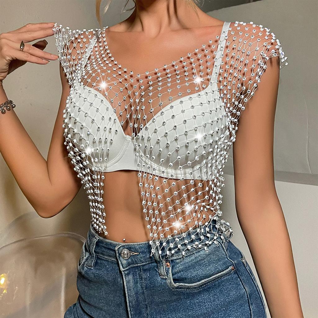 Ladies' Fishing Net Shiny Diamond Slit Sexy Exposed Navel Vest