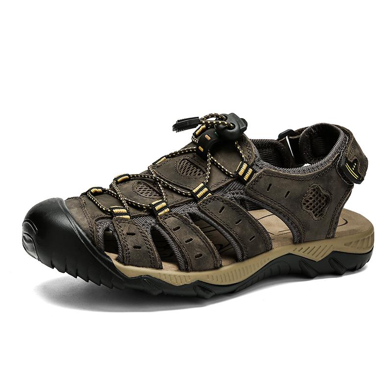 FashionGenuine Leather Men Sandals Anti-collision Toe Summer Shoes Outdoor Water Flats Quick Dry Wading Aqua Shoes Man Non-Slip Sandals