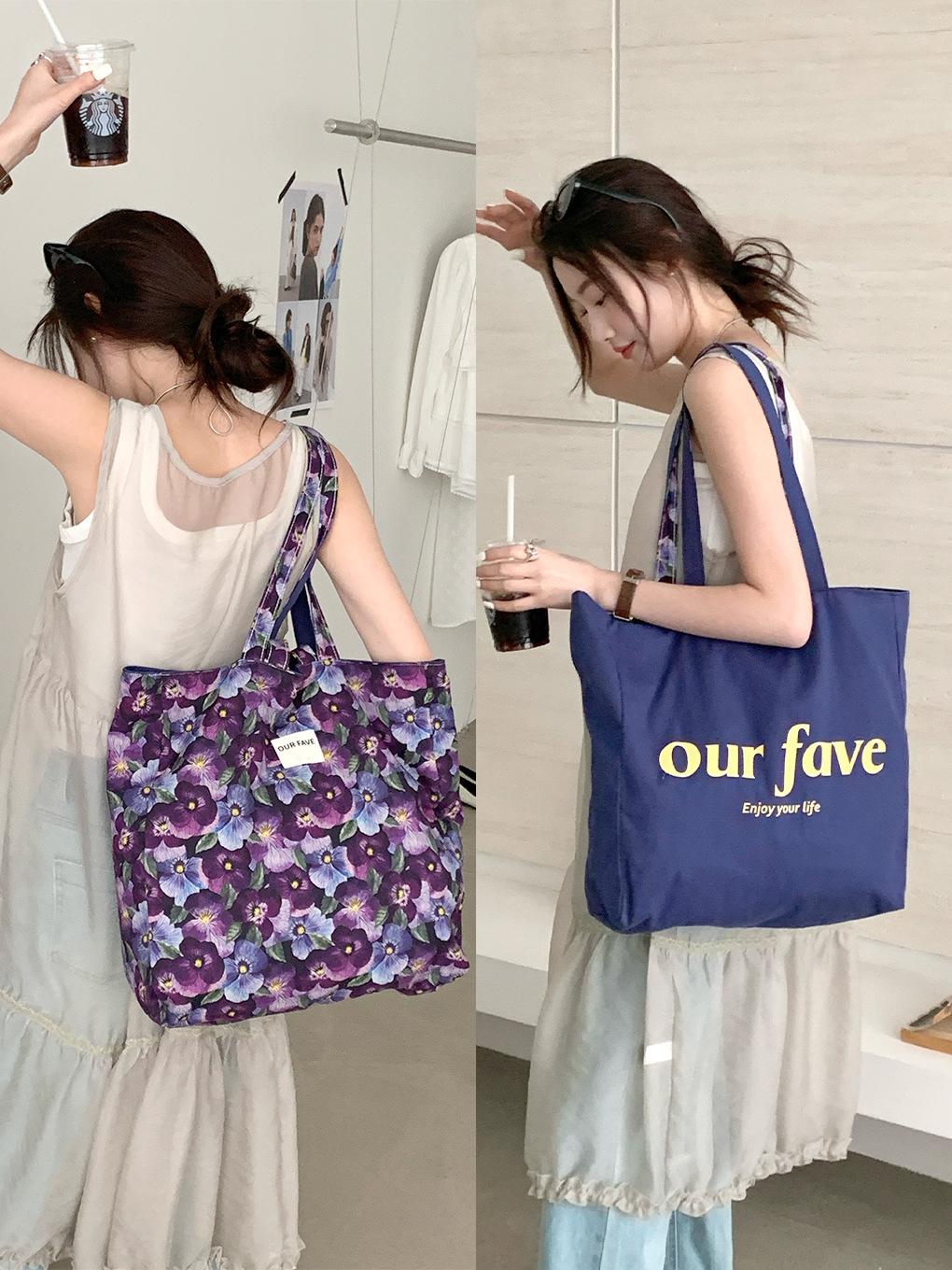 

Retro Floral Double-sided Women s Shoulder Bags Large Capacity Letter Print Female Handbag Summer Travel Girls Tote Shopping Bag тёмно-синий