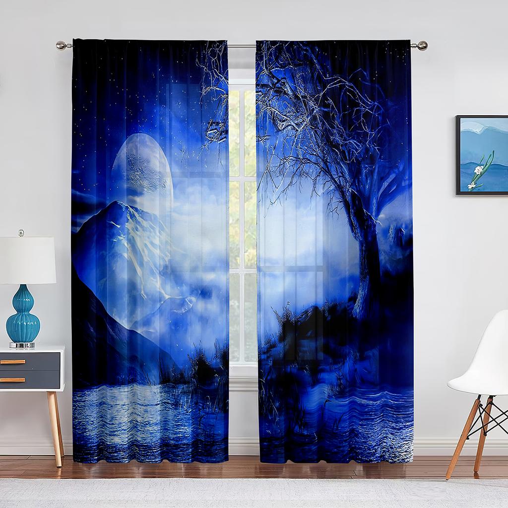 Full Moon Fantasy Starry Sky Night Scene Tulle Curtains for Living Room Bedroom Kitchen Decor Sheer Voile Curtain Organza Drapes