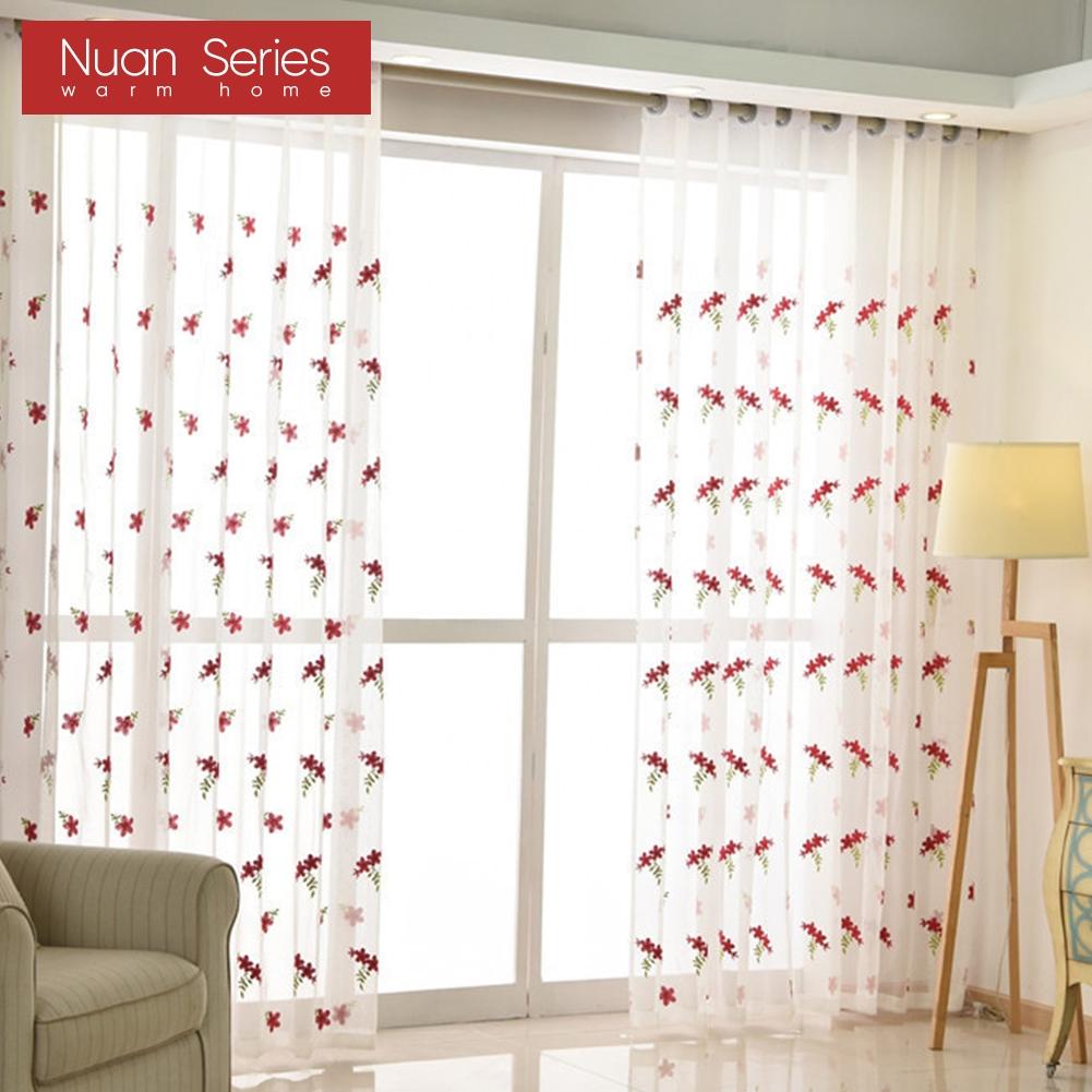 1 Stück Nuan Serie Exquisit und Vielseitig Pastoraler Stil Rot Floral Bestickt Transparenter Vorhang Tüll für Wohnzimmer Schlafzimmer Fensterdekoration Heimdekor