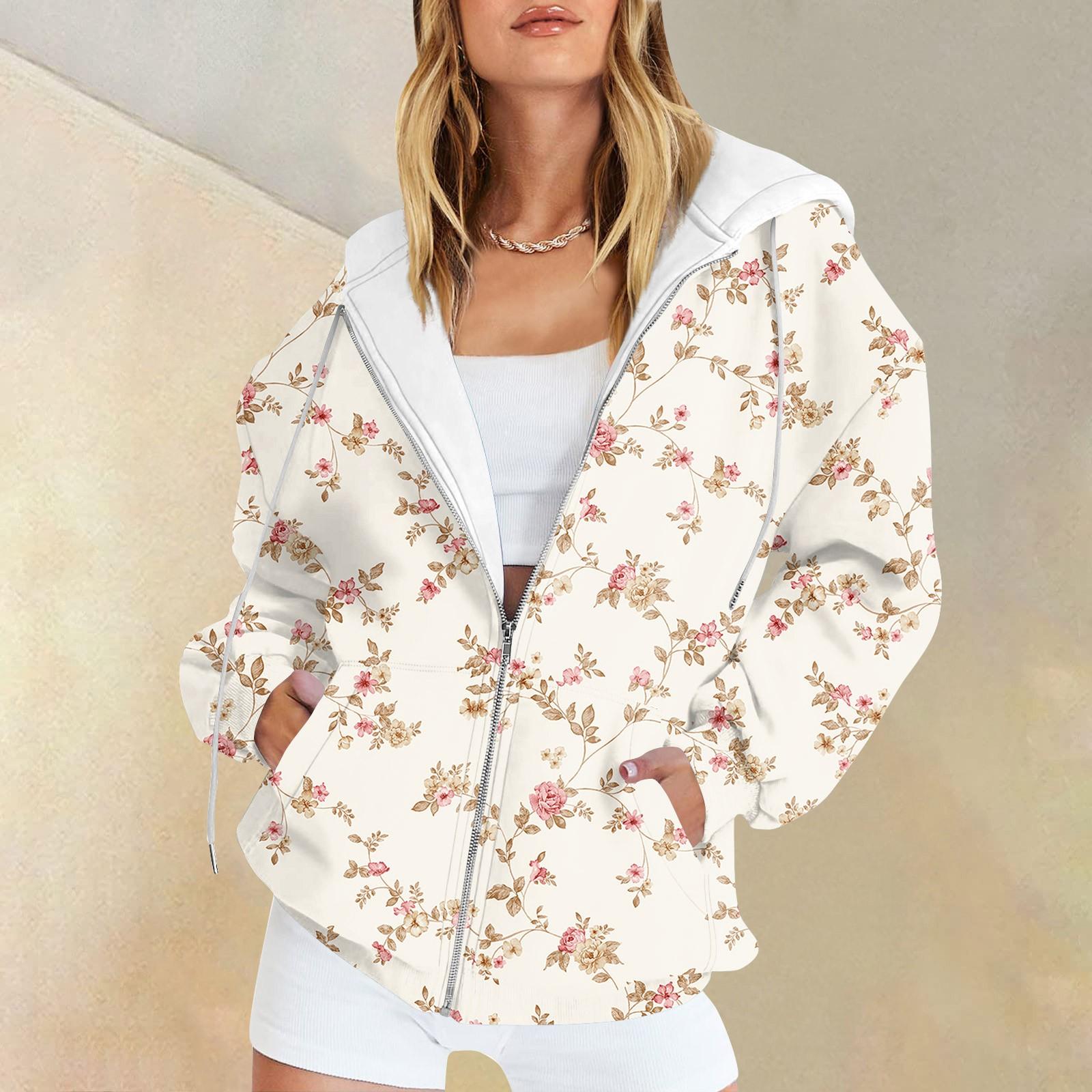 

Женская мода повседневная спортивная одежда с цветочным принтом на осень и зиму с длинными рукавами и карманами, куртка-кардиган с капюшоном на молнии, куртка S розовый